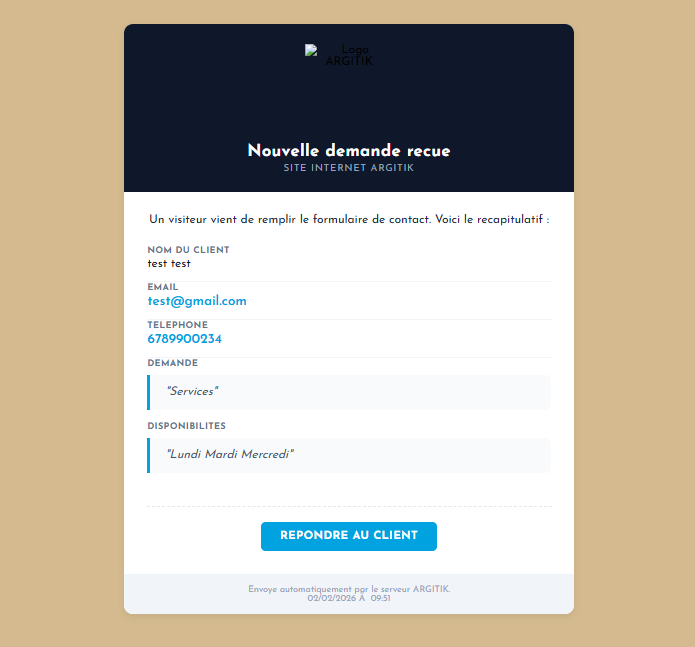 Visuel de la fonctionnalité d'envoi de mail