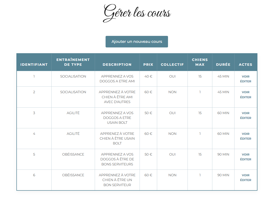 Admin — gérer les cours