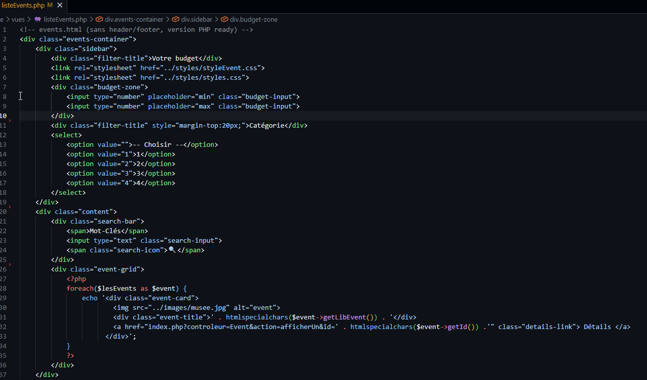 Vue liste événements